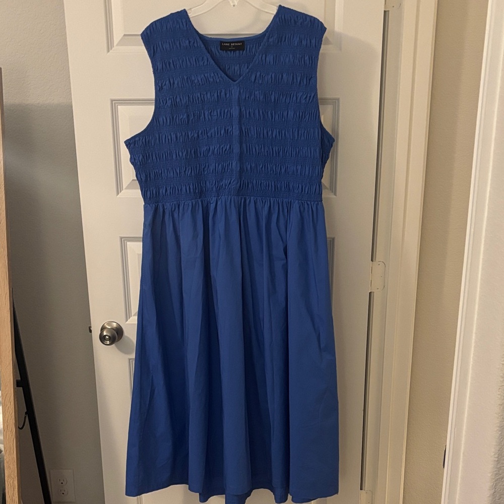 Lane Bryant Smocked Bodice midi a line dress Cerulean blue SZ 22 100% cotton
